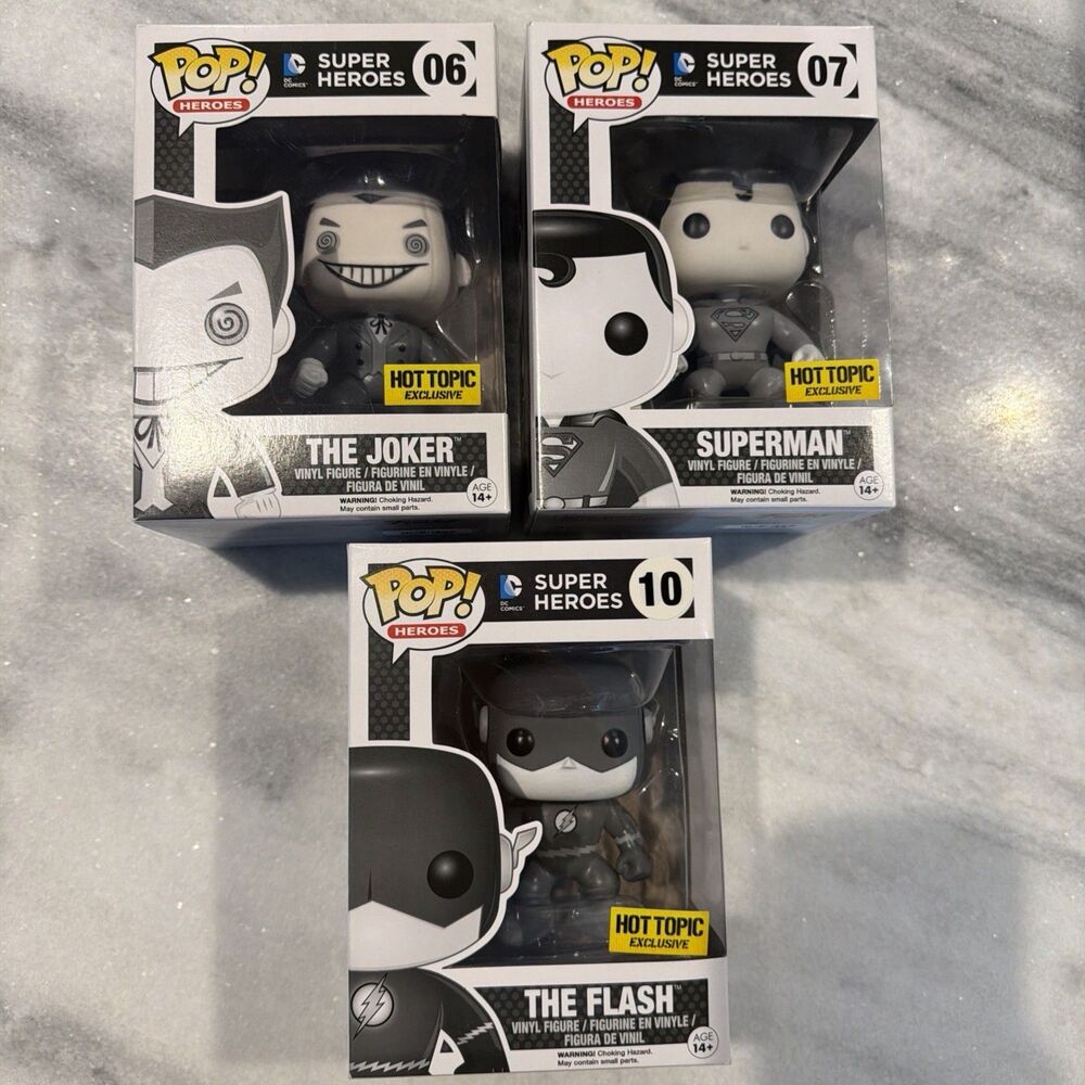 Funko Pop! DC Black & White Joker, Superman, The Flash Hot Topic Exclusives New